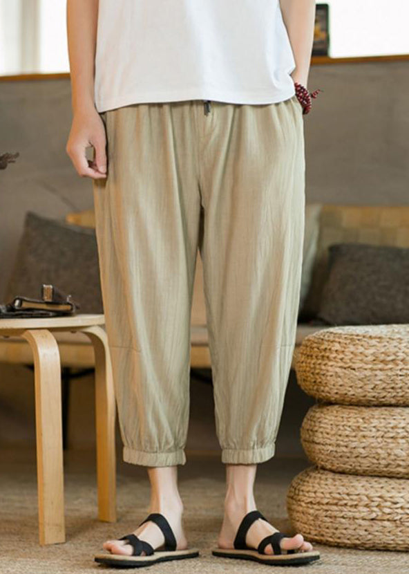 Unique Light Grey Elastic Waist Ice Silk Crop Pants Summer