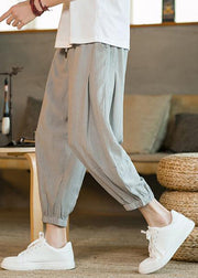 Unique Light Grey Elastic Waist Ice Silk Crop Pants Summer