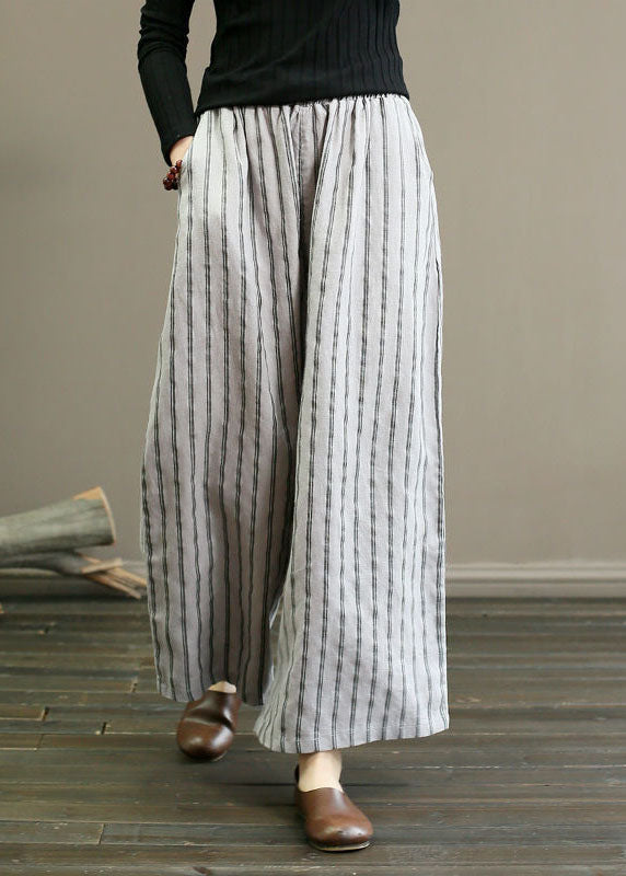 Unique Light Grey Elastic Waist Oversized Striped Linen Pants Trousers Summer