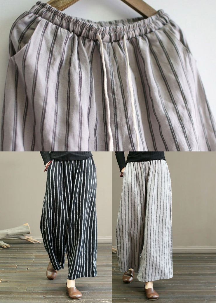 Unique Light Grey Elastic Waist Oversized Striped Linen Pants Trousers Summer