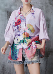 Unique Light Purple Backless Print Chiffon Shirt Spring