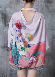 Unique Light Purple Backless Print Chiffon Shirt Spring