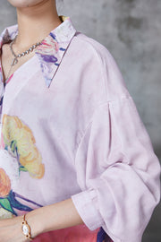 Unique Light Purple Backless Print Chiffon Shirt Spring