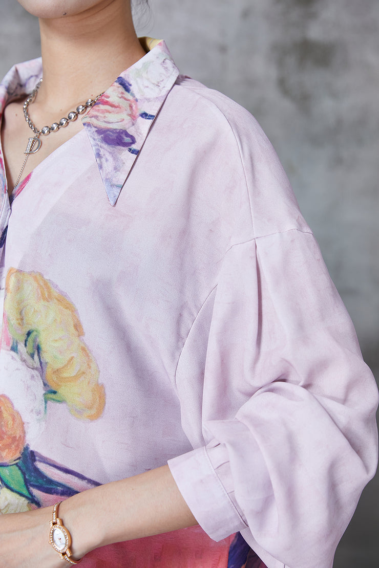 Unique Light Purple Backless Print Chiffon Shirt Fall