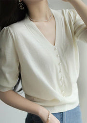 Unique Light Purple V Neck Button Knit T Shirt Half Sleeve