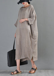 Unique Linen Colour O-Neck Zip Up Side Open Linen Long Dresses Half Sleeve