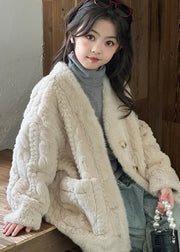 Unique Milk Tea Color V Neck Button Kids Mink Velvet Coats Winter