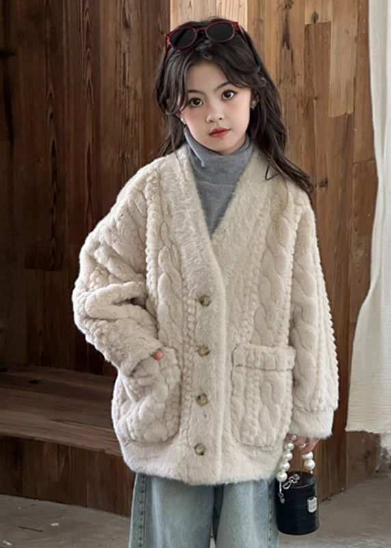 Unique Milk Tea Color V Neck Button Kids Mink Velvet Coats Winter