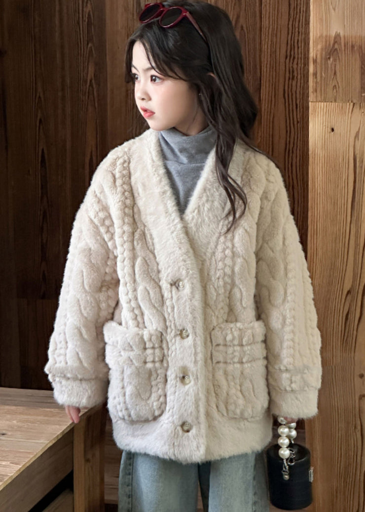 Unique Milk Tea Color V Neck Button Kids Mink Velvet Coats Winter