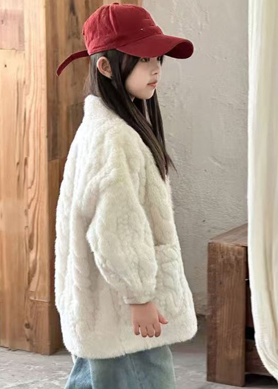 Unique Milk Tea Color V Neck Button Kids Mink Velvet Coats Winter