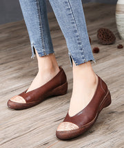 Unique Mulberry Cowhide Leather Fitted Splicing High Wedge Heels Shoes
