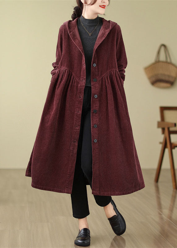 Unique Mulberry Patchwork Wrinkled Button Corduroy Hooded Trench Coats Fall