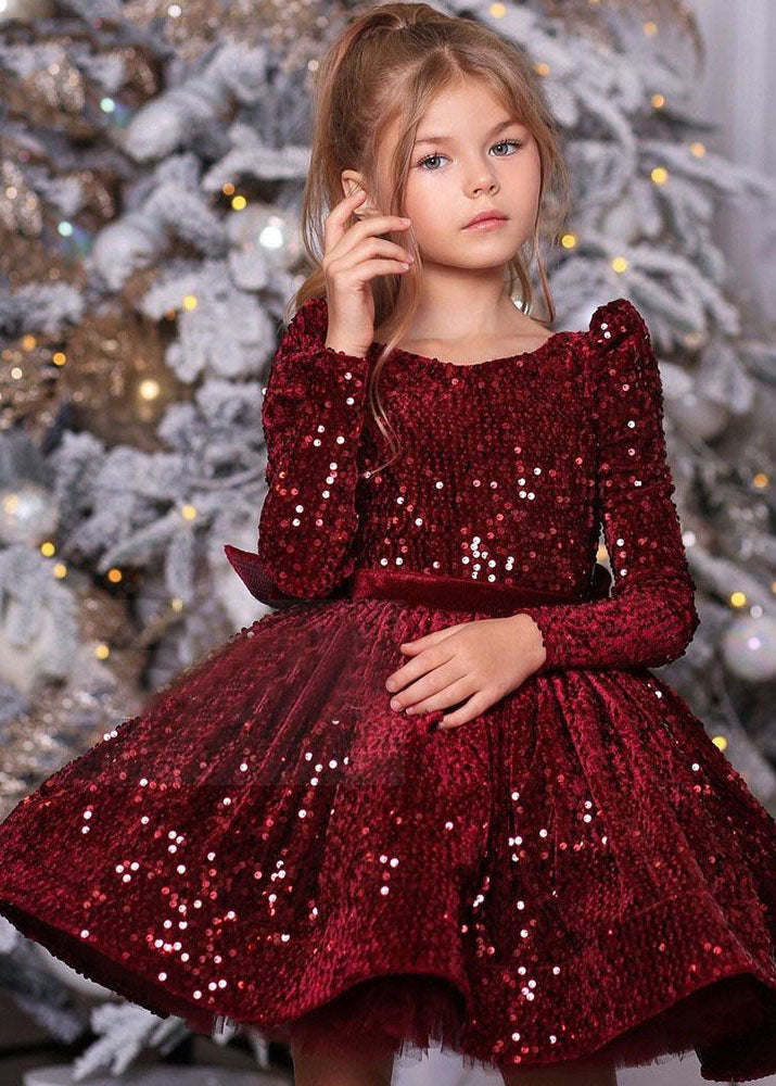 Unique Mulberry Sequins Patchwork Girls Mid Dress Spring