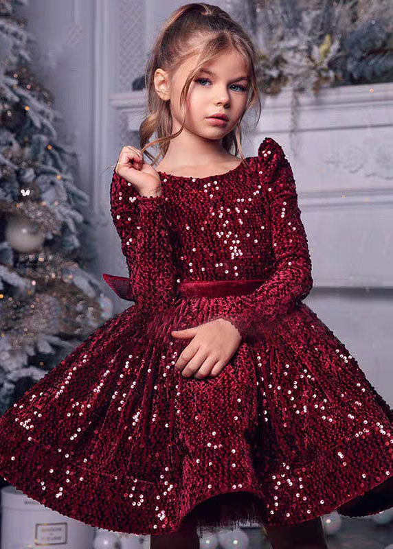 Unique Mulberry Sequins Patchwork Girls Mid Dress Spring