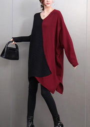 Unique Mulberry V Neck Asymmetrical Cotton Knit Sweaters Batwing Sleev