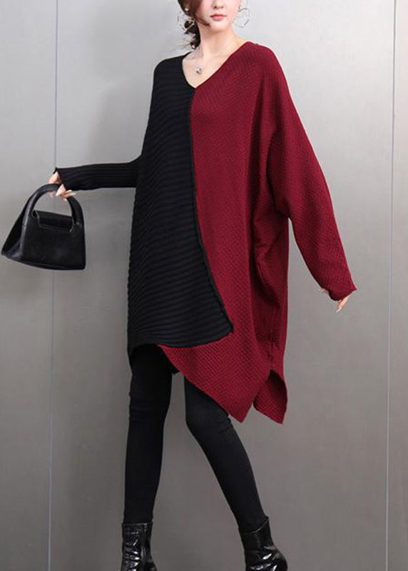 Unique Mulberry V Neck Asymmetrical Cotton Knit Sweaters Batwing Sleev