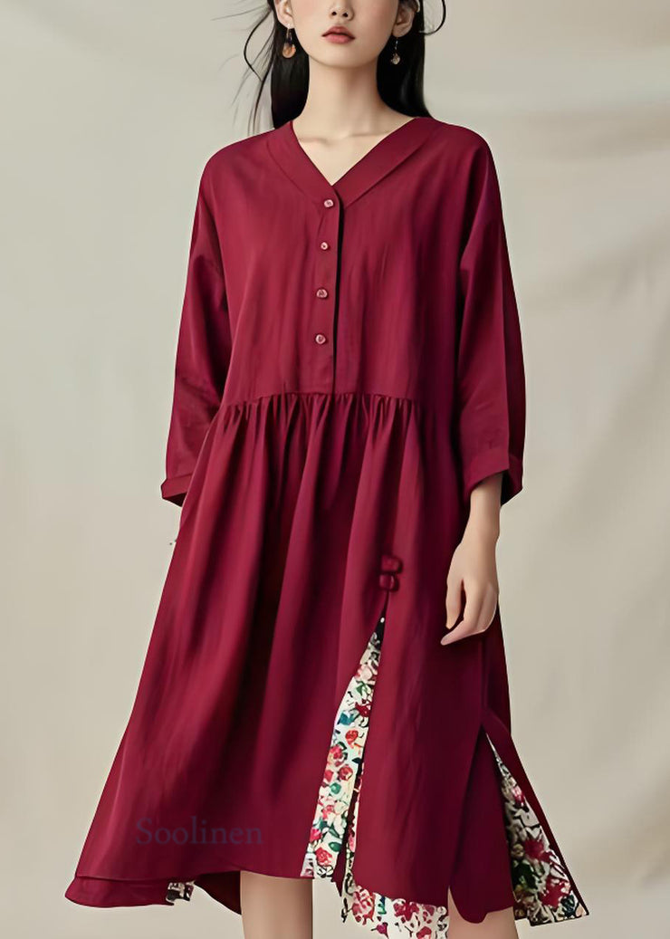 Unique Mulberry V Neck Wrinkled Print Cotton Dress Fall