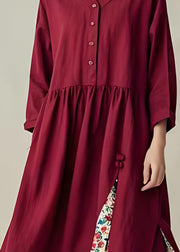 Unique Mulberry V Neck Wrinkled Print Cotton Dress Fall
