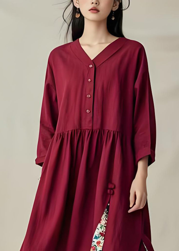 Unique Mulberry V Neck Wrinkled Print Cotton Dress Fall