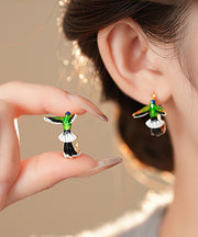 Unique Multicolor Copper Drip Glaze Graphic Little Birds Hoop Earrings