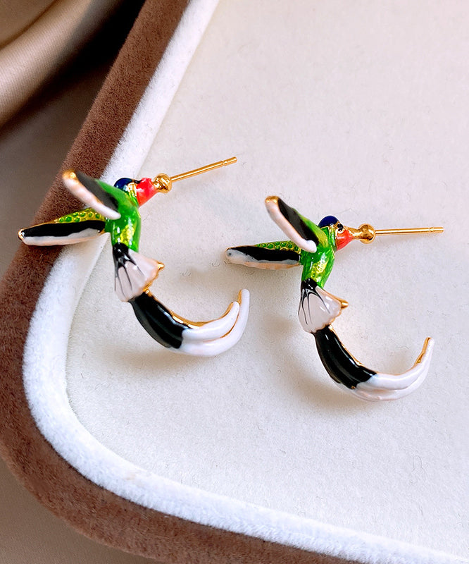 Unique Multicolor Copper Drip Glaze Graphic Little Birds Hoop Earrings