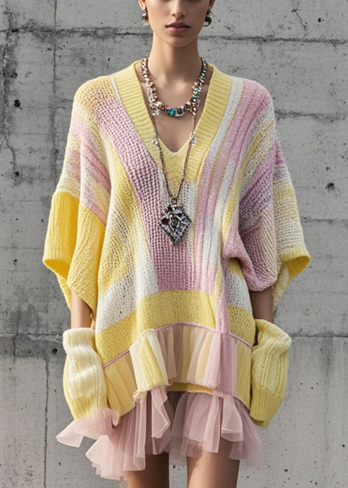 Unique Multicolor Oversized Patchwork Tulle Knit Sweater Dress Fall