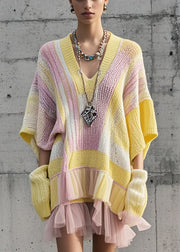 Unique Multicolor Oversized Patchwork Tulle Knit Sweater Dress Fall