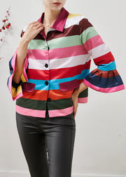 Unique Multicolor Patchwork Spandex Shirts Flare Sleeve