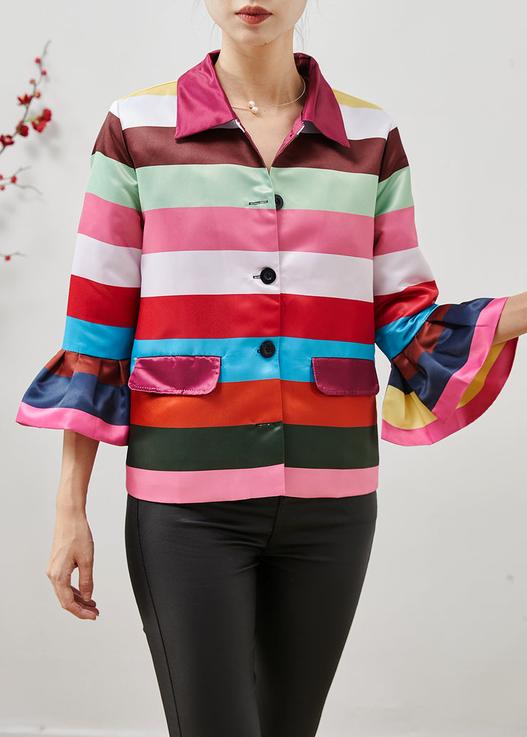 Unique Multicolor Patchwork Spandex Shirts Flare Sleeve