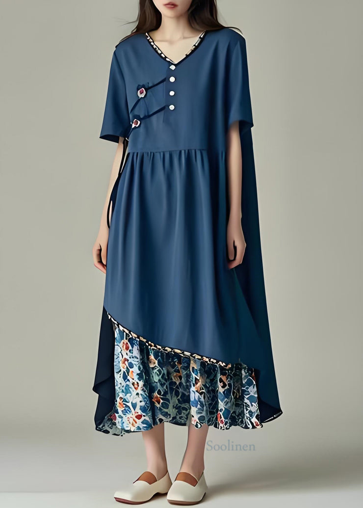 Unique Navy Asymmetrical Patchwork Cotton Long Dress Summer