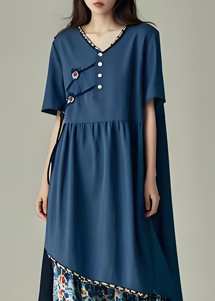 Unique Navy Asymmetrical Patchwork Cotton Long Dress Summer