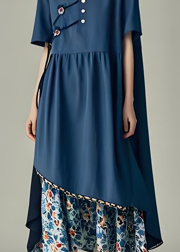 Unique Navy Asymmetrical Patchwork Cotton Long Dress Summer