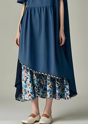 Unique Navy Asymmetrical Patchwork Cotton Long Dress Summer