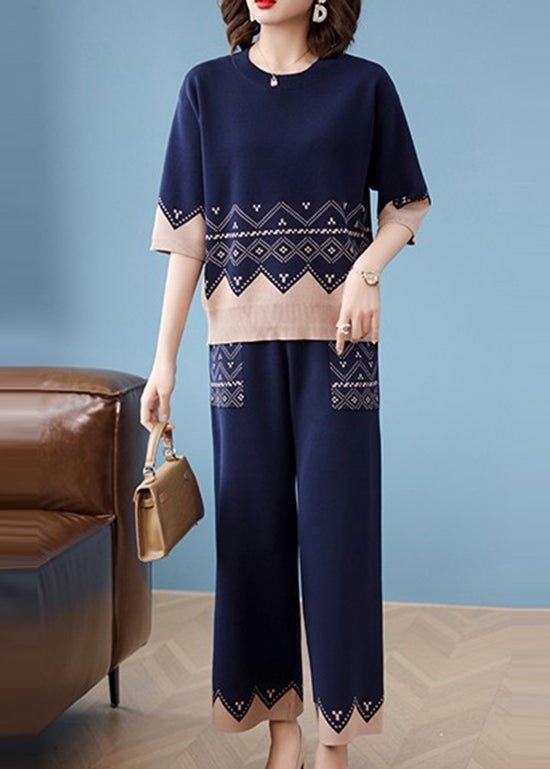 Unique Navy O Neck  Knit Women Sets 2 Pieces Spring