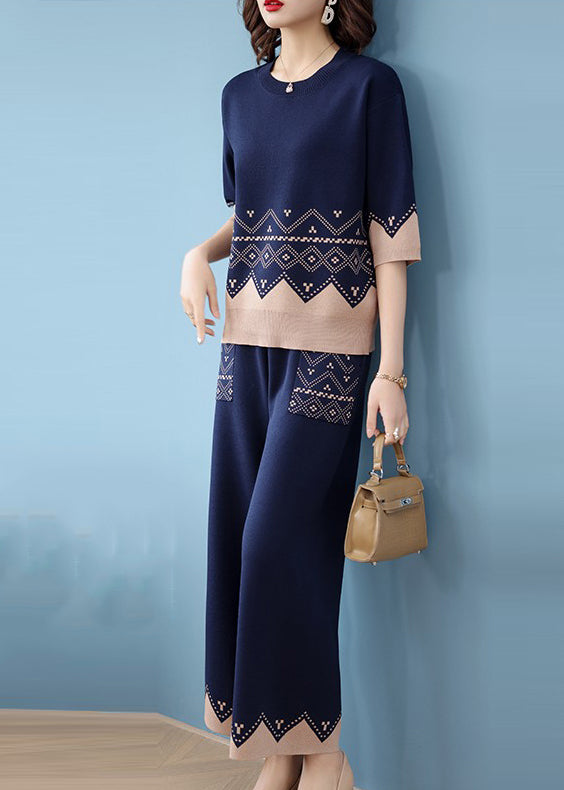 Unique Navy O Neck  Knit Women Sets 2 Pieces Spring