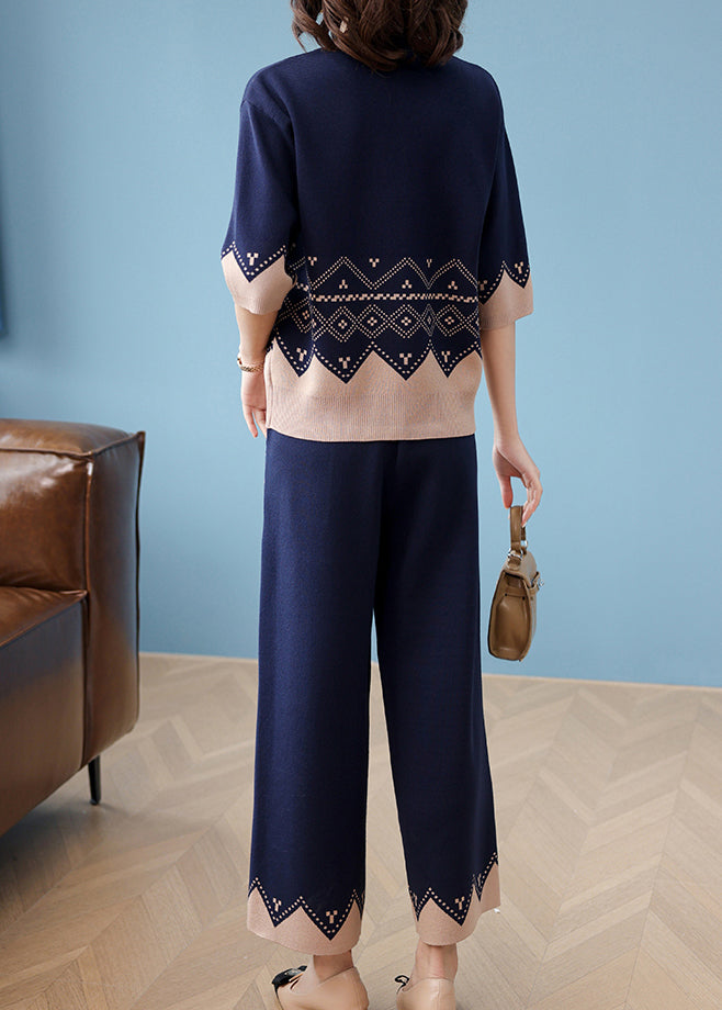 Unique Navy O Neck  Knit Women Sets 2 Pieces Spring