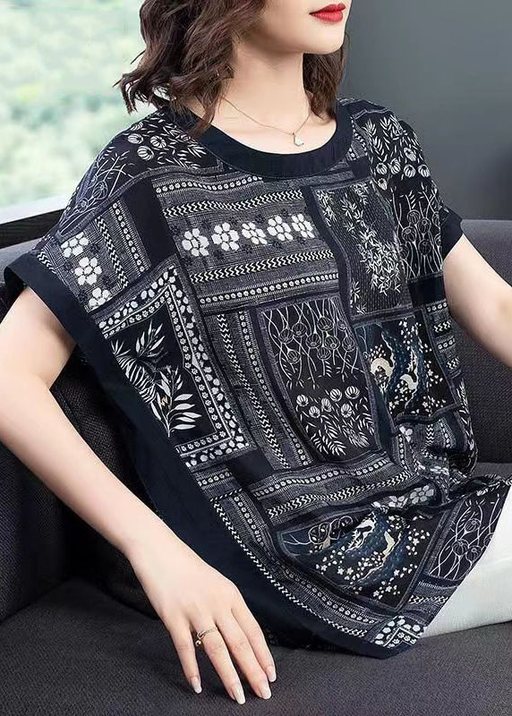 Unique Navy O Neck Print Patchwork Silk T Shirt Short Sleeve