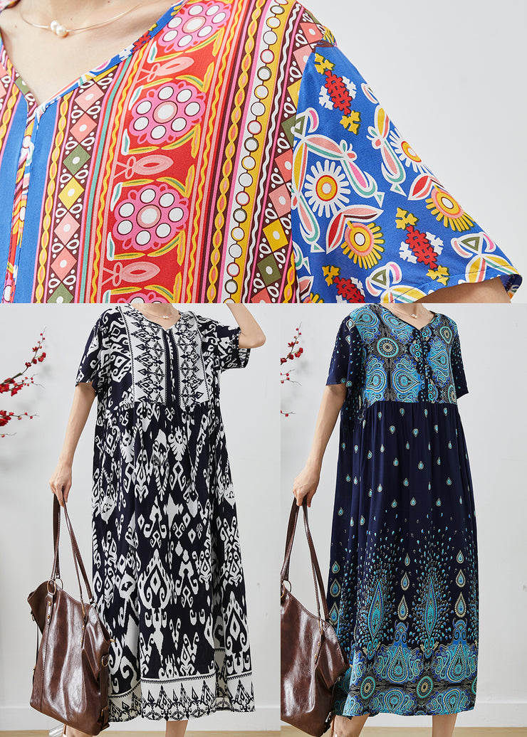 Unique Navy Oversized Print Cotton Long Dresses Summer