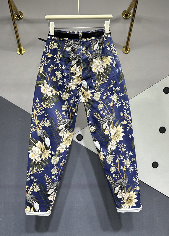 Unique Navy Print Pockets Patchwork Denim Pants Fall