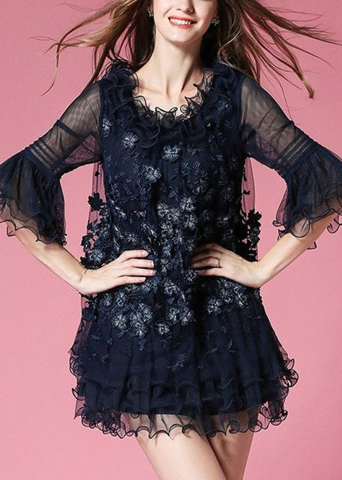 Unique Navy Ruffled Patchwork Tulle Mid Dress Half Sleeve