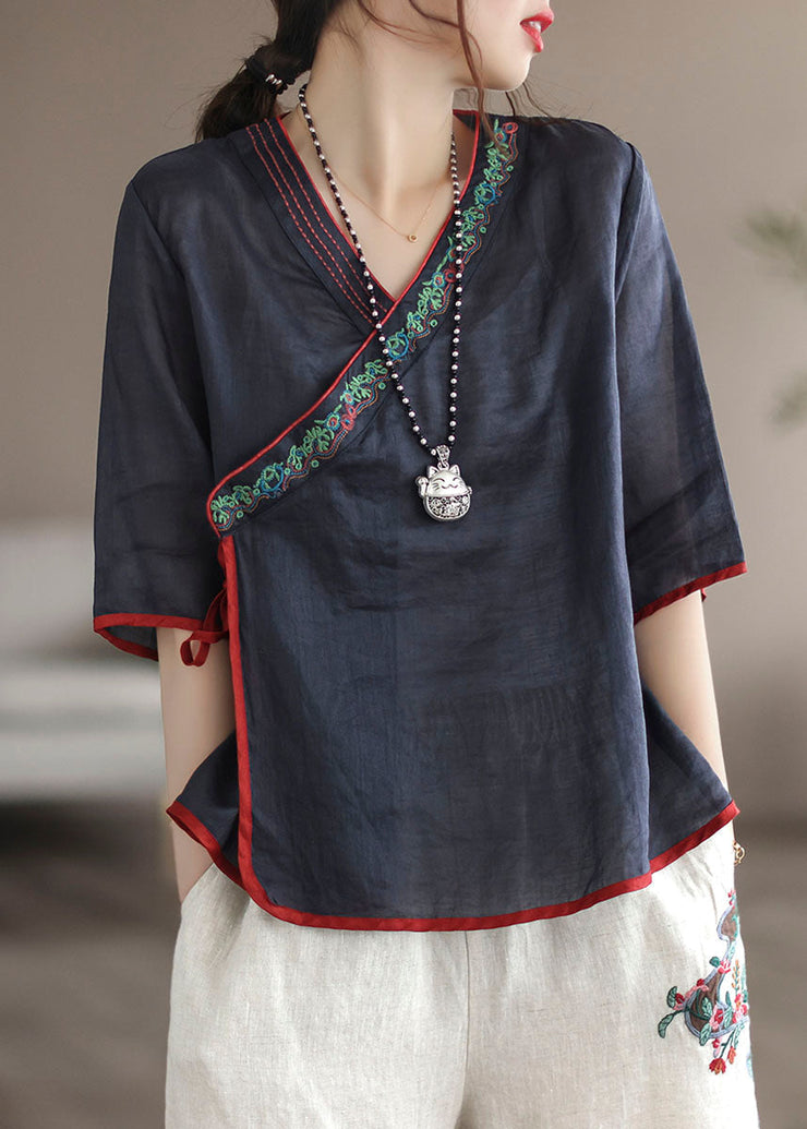 Unique Navy V Neck Embroideried Patchwork Linen Shirt Tops Summer