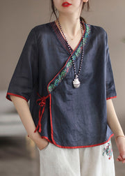 Unique Navy V Neck Embroidered Patchwork Linen Shirt Tops Summer