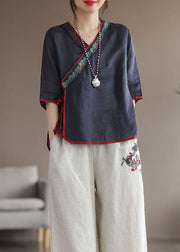 Unique Navy V Neck Embroidered Patchwork Linen Shirt Tops Summer