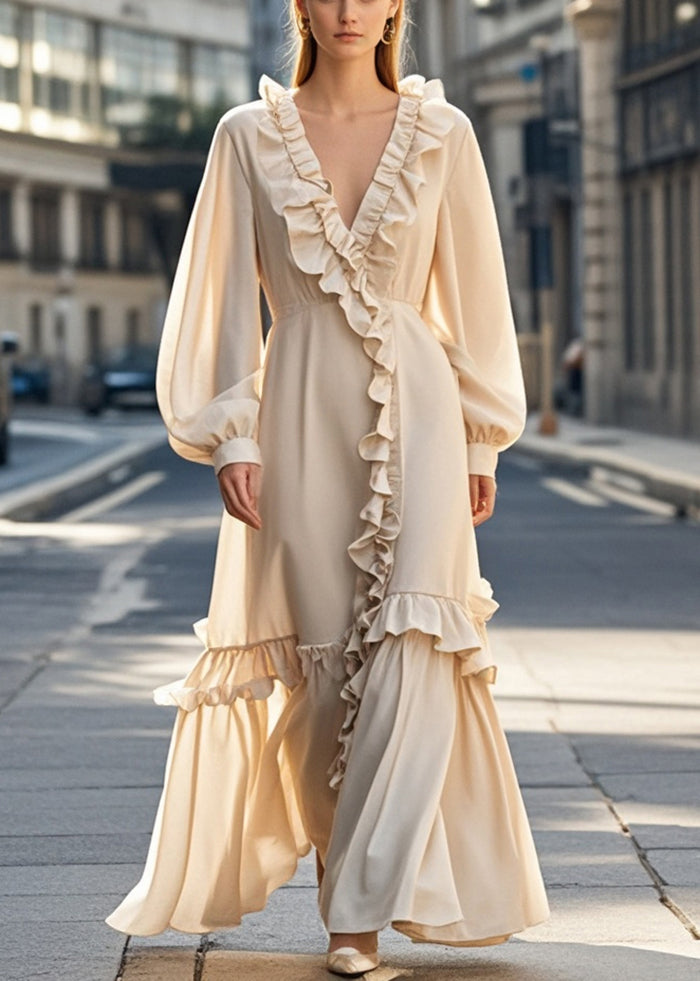 Unique Nude Asymmetrical Design Ruffled Chiffon Dress Spring