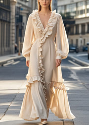 Unique Nude Asymmetrical Design Ruffled Chiffon Dress Spring