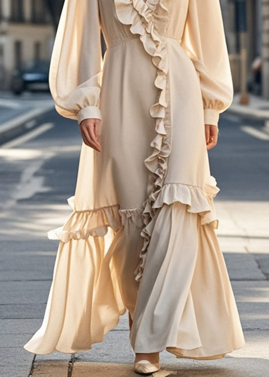 Unique Nude Asymmetrical Design Ruffled Chiffon Dress Fall