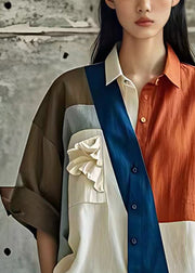 Unique Orange Asymmetrical Button Cotton Blouses Half Sleeve