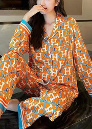 Unique Orange Button Print Ice Silk Pajamas Two Piece Suit Set Spring