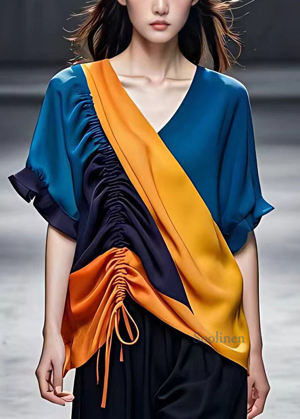 Unique Orange Drawstring Patchwork Silk Top Summer