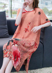 Unique Orange Floral Butterfly Print Patchwork Chiffon Dresses Summer